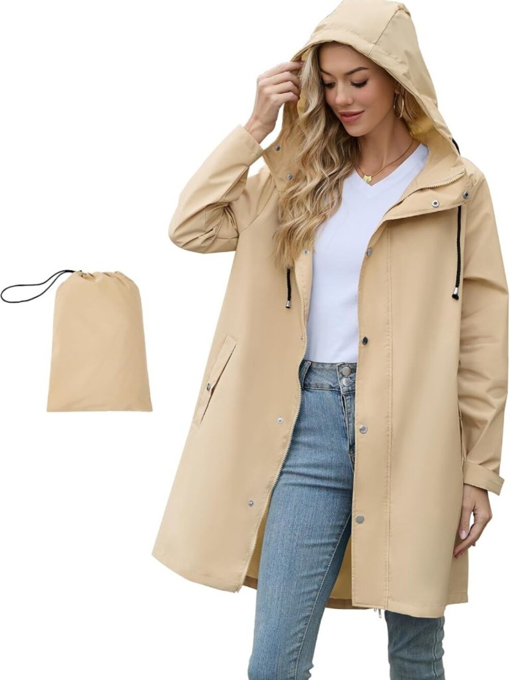 Packable Waterproof Rain Jacket for Women | Hooded Windbreaker Trench Coat S-2XL